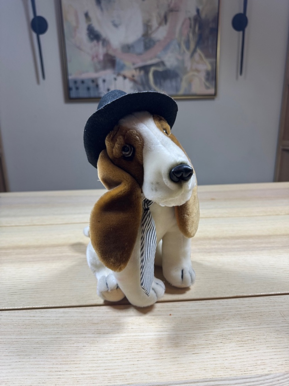 Vintage Plush Basset Hound Dog Toy with Hat and Scarf - Brown & White